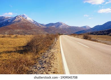 Road trip through the Balkans. Winter landscape with road in valley of Dinaric Alps.  Bosnia and Herzegovina, Republika Srpska