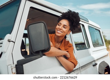 Road Trip Travel, Black Woman And Window Freedom To Relax In Camping Car, Summer Countryside And Vacation Adventure In Africa. Happy Young Female Stop On Van Driving Journey In Nature For Inspiration