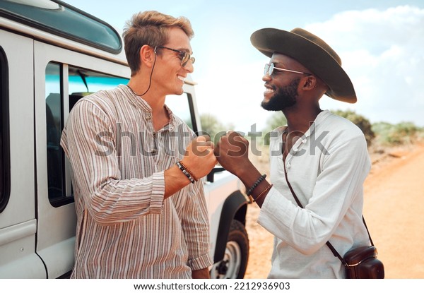 Road trip, travel and friends fist bump for\
diversity, outdoor adventure or safari holiday collaboration in\
africa nature or bush. People hand join for teamwork, support or\
goal journey together