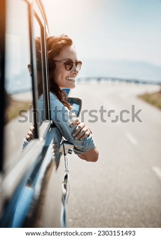 Road trip, travel and happy woman in window of car for adventure, summer vacation and holiday. Transport, relax and face of female person in motor vehicle for freedom, journey and excited for weekend
