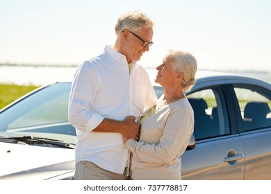 Road Trip, Travel And Old People Concept - Happy Senior Couple At Car In Summer