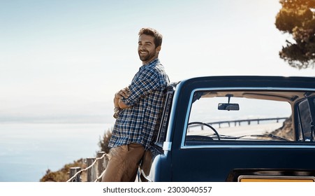 Road trip, travel and portrait of man by car for adventure, summer vacation and holiday on space. Transport mockup, relax and male person in motor vehicle for freedom, journey and happy by ocean - Powered by Shutterstock