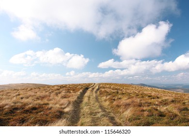 Road in the valley of dry grass under clouds