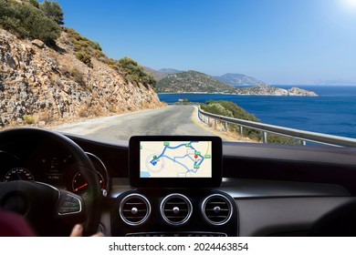 road view from inside the car, navigation, journey by the sea