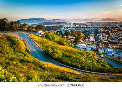 Road and view from Twin Peaks, in San Francisco, California.