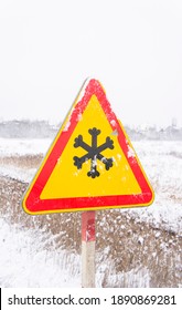 Road Warning Sign Depicting A Snowy Hazard On The Highway