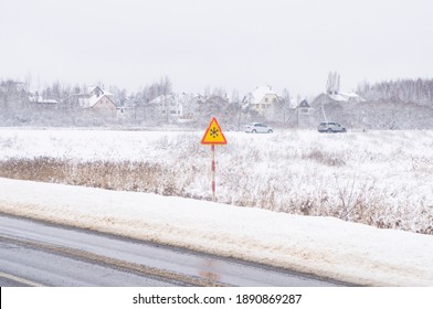 Road Warning Sign Depicting A Snowy Hazard On The Highway