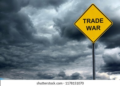 road warning sign with text trade war in front of storm cloud 