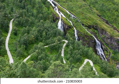 Road And Waterfalls In Famous Flam (Flåm) Valley, Norway