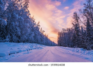The road in the winter forest at dawn. Russia, Ural
