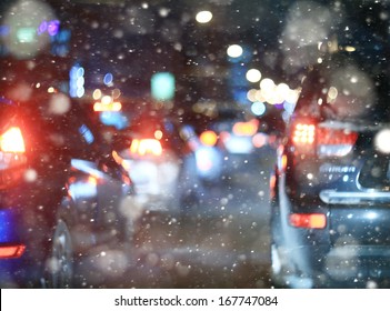 Road In Winter Night, Traffic Jams, Snow City Diffuse