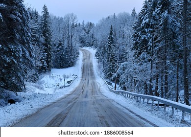 Road In Winter Scene After Snowstorm With Frozen Landscape, Adirondacks New York