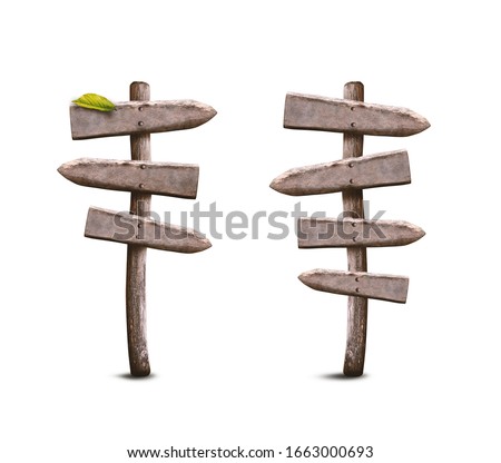 Road Wooden Signposts Set. Empty Path Guidepost Isolated on White Background. Signpost Symbol Made from Weathered Wood.