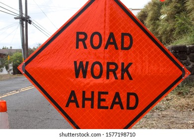 Road Work Signs Displayed Ahead Of Water Main Break. 