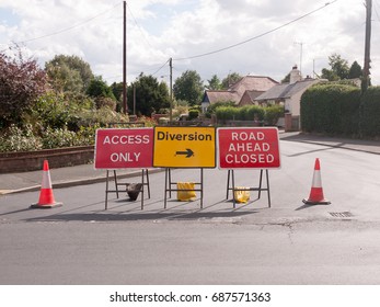 Road Works Road Blocked Signs And Traffic Cones Diversion Access Only; Essex; UK