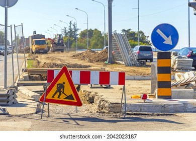 Road Works At Street Median Strip Construction Site