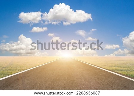 Road,black asphalt road and white line sign with green grass roadside and blue sky background,concept for next step.go on
