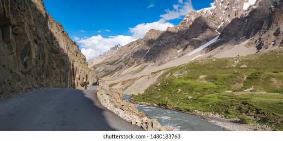 Roads, Mountains And River Of Kargil District Of Jammu And Kashmir, India. 
