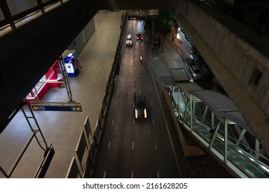 Roads Of Thailand At Night. Taken From An Oblique Top View From The Bridge. Not From Having A Car Running. Open Road.