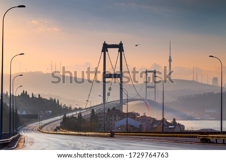 Roads that are empty due to coronavirus. View of the city of Istanbul, which was empty after the coronavirus epidemic. Deep silence after the curfew. Bosphorus bridge, Istanbul, Turkey. 