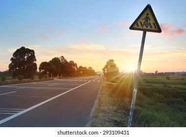 Roads and  Warning triangle pedestrian crossing - Shutterstock ID 293109431