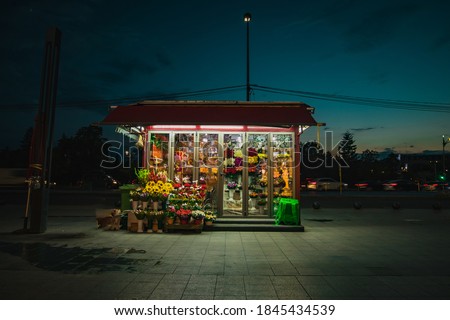 Roadside flower shop during night time. Lonely flower shop late at night, with flowers visible blooming under neon lights.