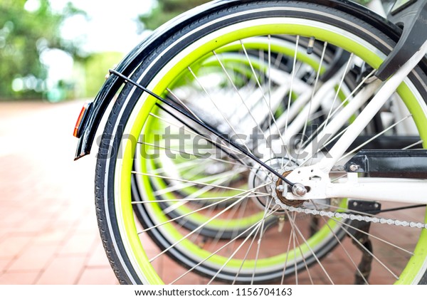 Roadside shared bicycle\
wheels