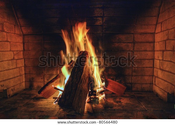 Roaring Fire Burning Wood Fireplace Stock Image Download Now