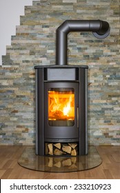 Roaring Fire Inside Wood Burning Stove In Living Room