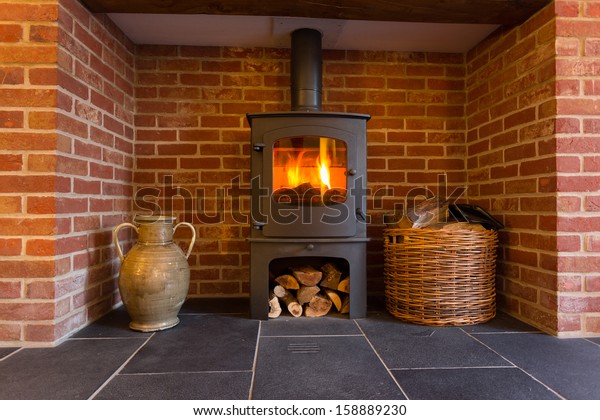 Roaring Fire Inside Wood Burning Stove Stock Photo Edit Now