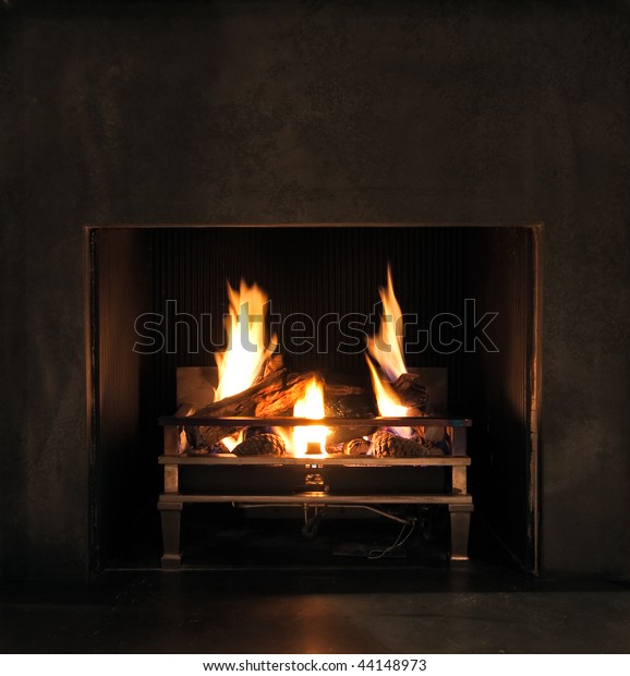 Roaring Flames Modern Fireplace Shiny Slate Stock Photo Edit Now