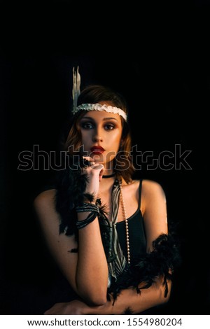 Roaring twenties poster flapper party girl, vintage 20s fashion style and make up and hairstyle, costume, model young woman, Caucasian girl