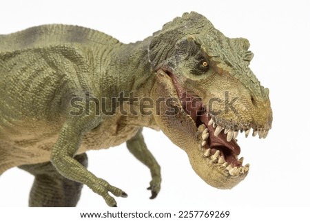 Roaring Tyrannosaurus Rex isolated on white background. Dinosaurs, T-Rex, Cretaceous Period and toy concepts. Horizontal close-up. 