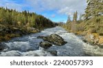 Roaring white water running down the river in autumn in Norway