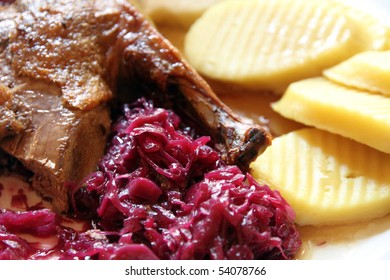 Roast Barbary Duck With Marzipan Apple, Red Cabbage & Dumpling Prague Czech Rep.