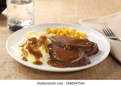 Roast Beef With Gravy, Mashed Potatoes And Corn.