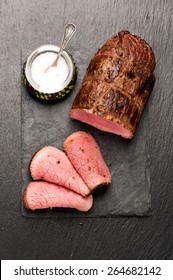 Roast Beef On Stone Board. Top View