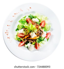 Roast Beef Salad With Tomatoes, Cucumbers, Feta Cheese And Pepper In White Plate Isolated On White Background. Food Background, Menu Design. Top View, Flat, Overhead