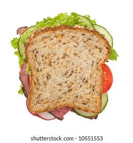 Roast Beef Sandwich With Lettuce, Tomatoes, Cucumbers And Radishes Isolated On White, Top View