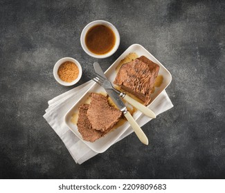 Roast Beef, Beef Stew, Cut Boiled Piece Of Beef With Sauce On A Plate, Top View, Flat Lay