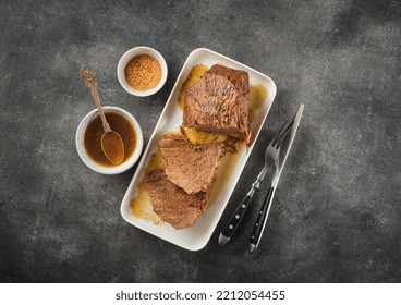 Roast Beef, Beef Stew, Cut Boiled Piece Of Beef With Sauce On A Plate, Top View, Flat Lay