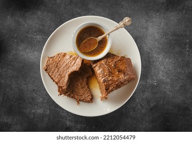 Roast Beef, Beef Stew, Cut Boiled Piece Of Beef With Sauce On A Plate, Top View, Flat Lay