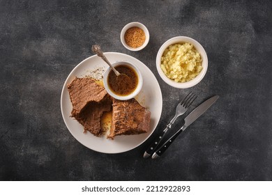 Roast Beef, Beef Stew, Cut Boiled Piece Of Beef With Sauce On A Plate, Top View, Flat Lay