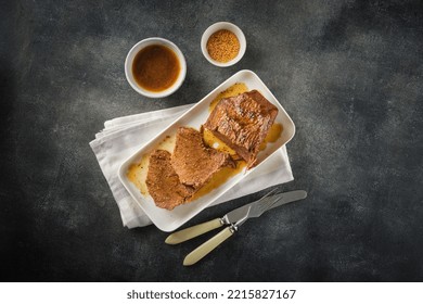 Roast Beef, Beef Stew, Cut Boiled Piece Of Beef With Sauce On A Plate, Top View, Flat Lay