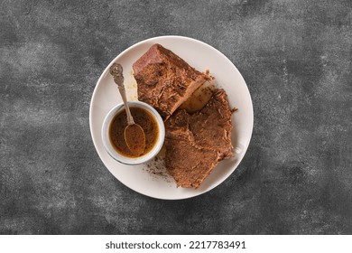 Roast Beef, Beef Stew, Cut Boiled Piece Of Beef With Sauce On A Plate, Top View, Flat Lay