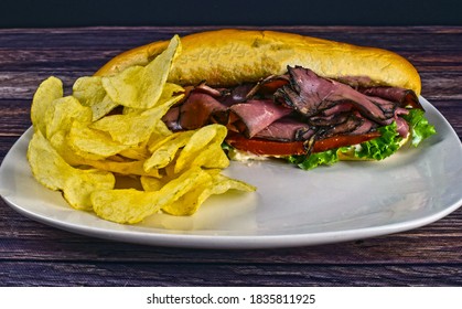 Roast Beef Sub With Lettuce Tomato And Potato Chips