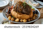 Roast Beef with Yorkshire Pudding: Slices of tender roast beef served with airy Yorkshire puddings and rich gravy, embodying the essence of a classic British Sunday dinner.