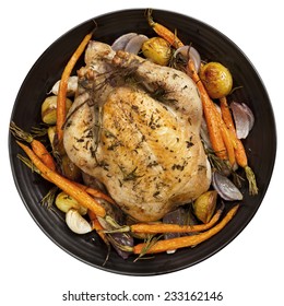 Roast Chicken Dinner On Black Plate, Isolated On White.  Top View.