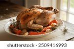 Roast Chicken: A whole chicken seasoned and roasted to golden perfection, with crispy skin and juicy meat, often served with gravy and roasted vegetables.