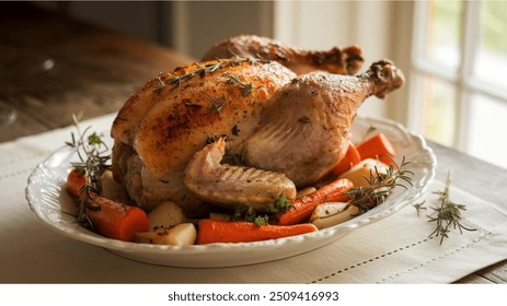 Roast Chicken: A whole chicken seasoned and roasted to golden perfection, with crispy skin and juicy meat, often served with gravy and roasted vegetables. - Powered by Shutterstock